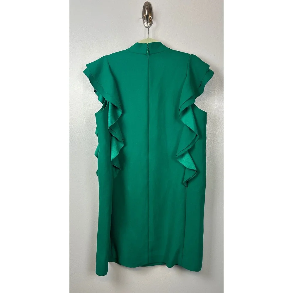 Kate Spade Emerald Green Ruffle‎ Shift Dress Size 14 Satin Crepe Flutter Sleeve